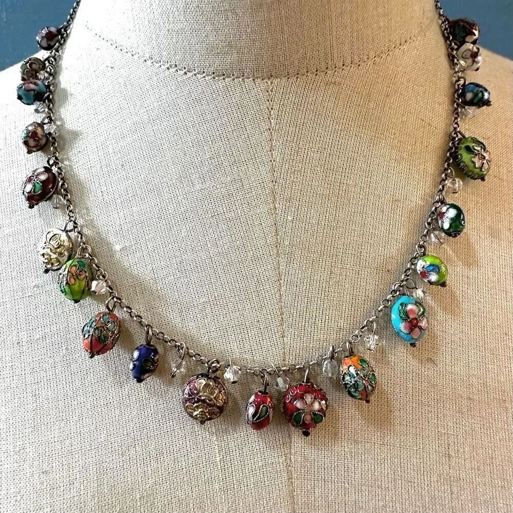 Sterling silver cloisonné and crystal beaded necklace